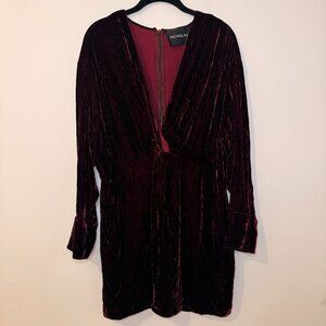 Nicholas Burgundy Velvet Long Sleeve V-neck Mini Dress